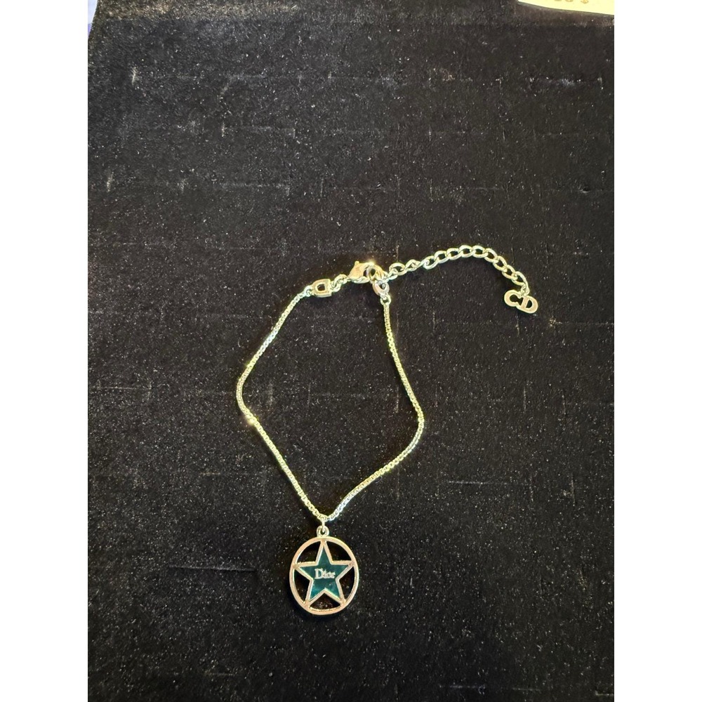 Christian Dior Vintage Gold Tone Teal Enamel Star Charm Bracelet CD Logo Pendant